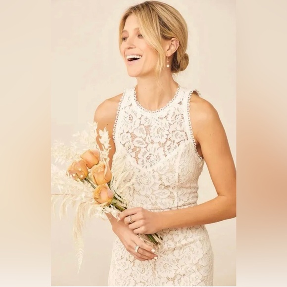 NWOT Lulus “Love Everlasting” White and Nude Floral Lace Mermaid Maxi Dress M - Picture 4 of 13